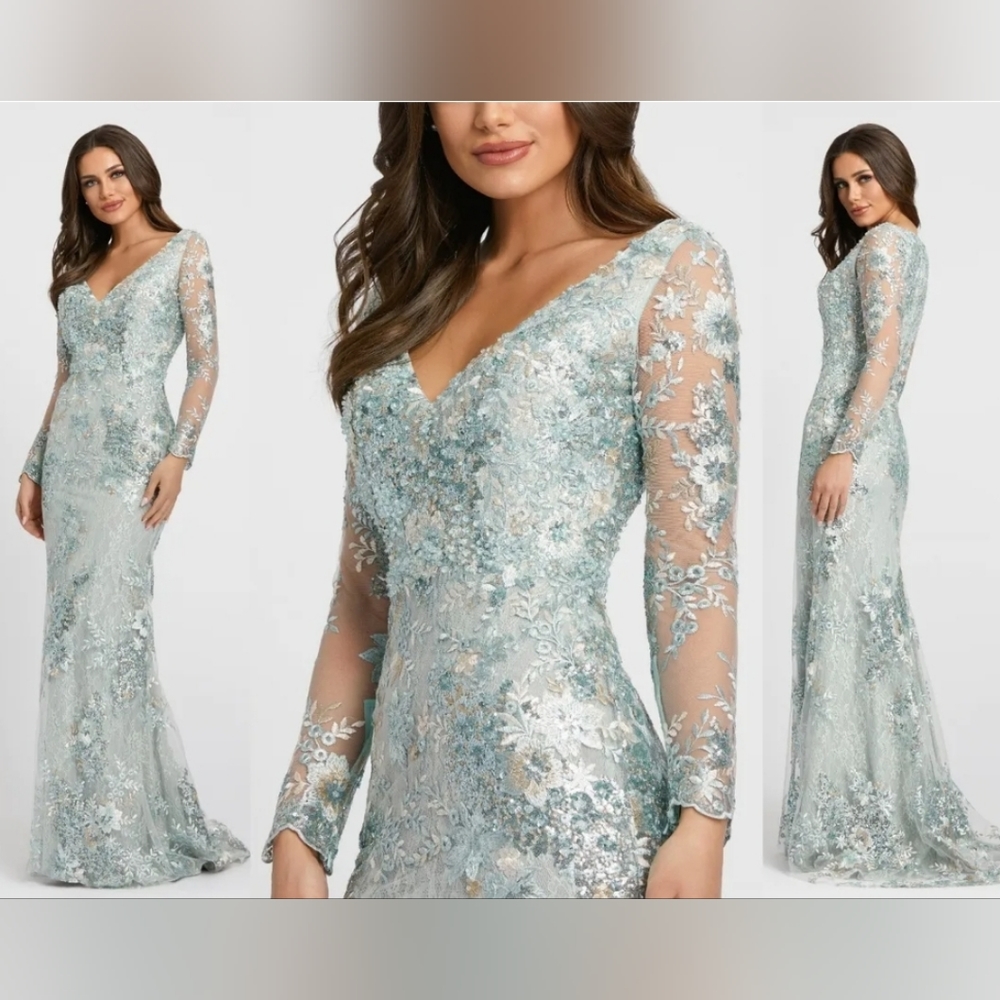 MAC DUGGAL EMBELLISHED V NECK ILLUSION LONG SLEEVE GOWN IN SEAMIST SZ 14 NWT